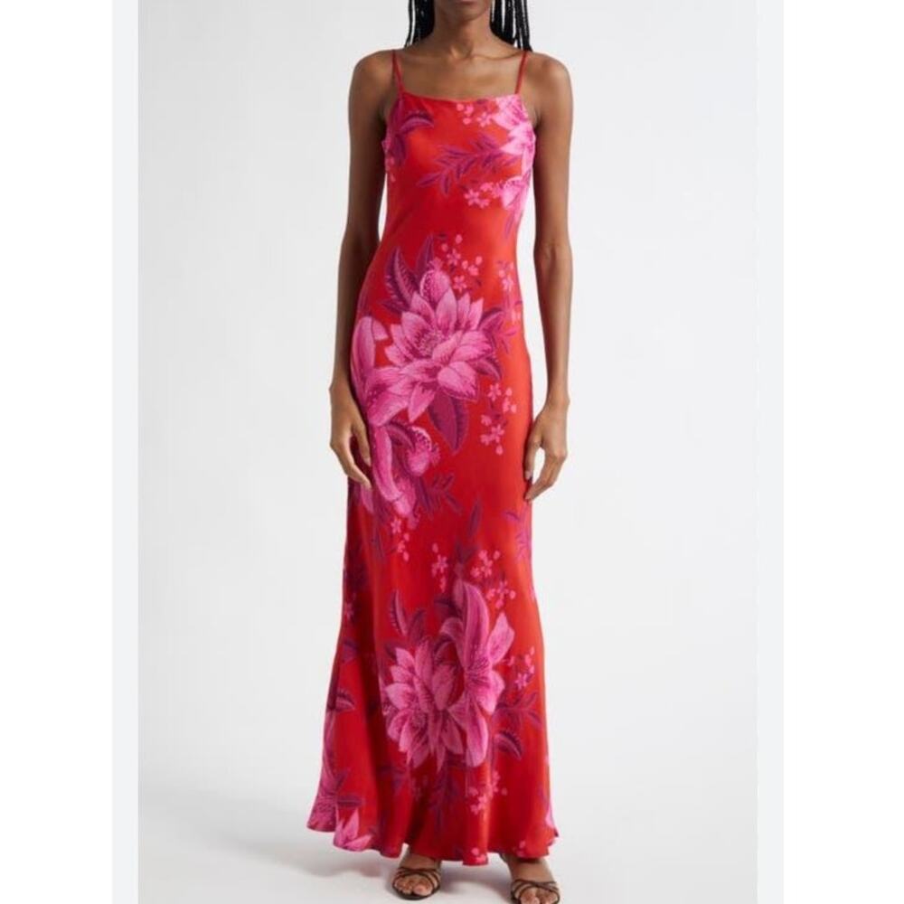 Farm Rio Women’s Summer Fruit Floral Print Maxi Slip Dress Red Medium Tropical